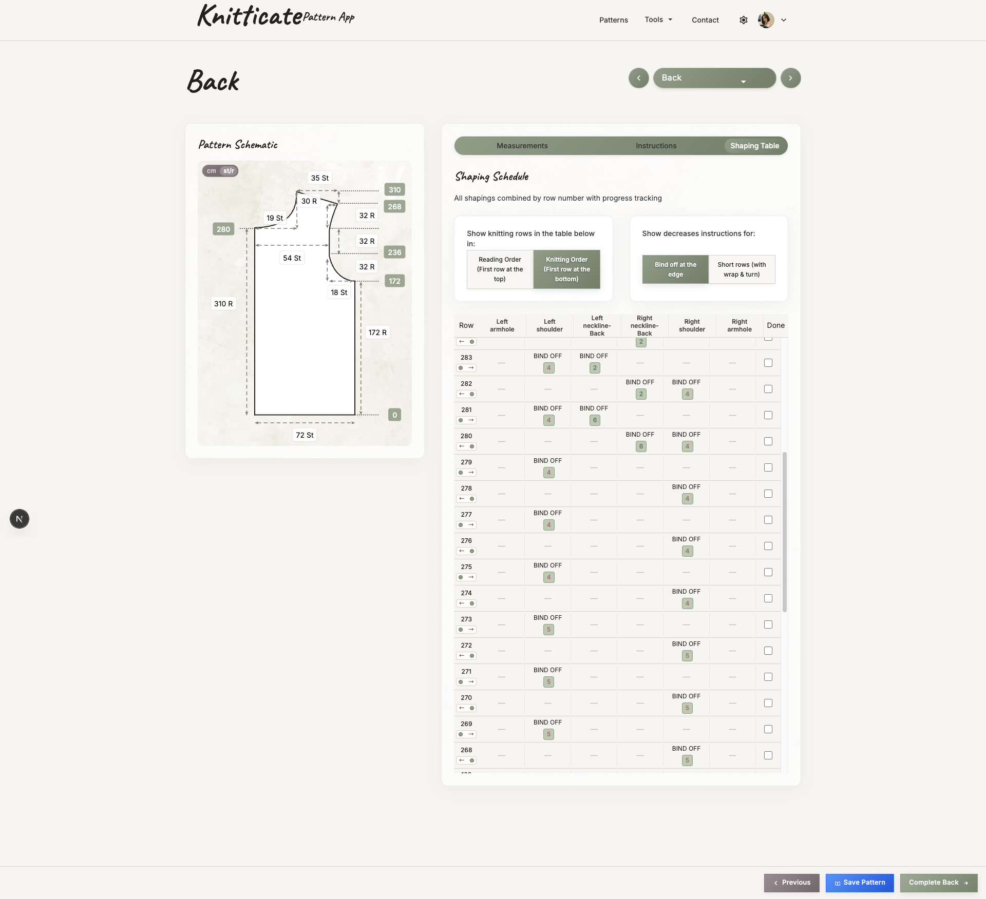 Pattern builder interface — measurements and instructions view